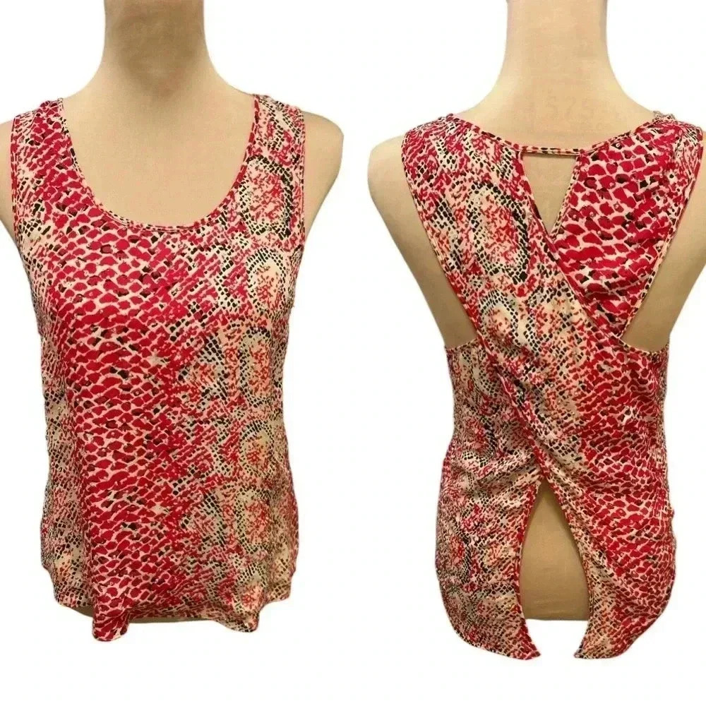 Parker Womens 100% Silk Cross Back Tank Top Animal Print Bling Pink Tan Sz Small
